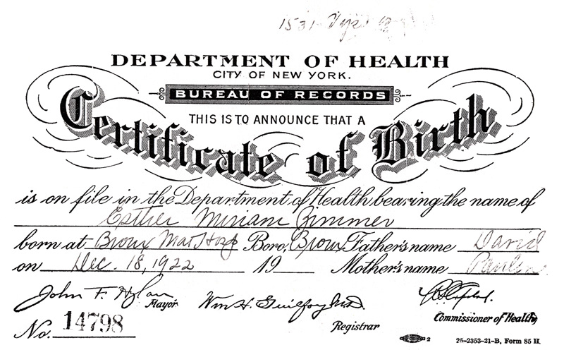 Esther Miriam Zimmer's Birth Certificate